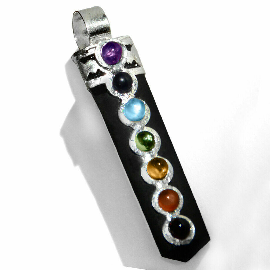 Black Tourmaline Crystal Point Chakra Gem Silver Pendant Necklace Reiki Healing