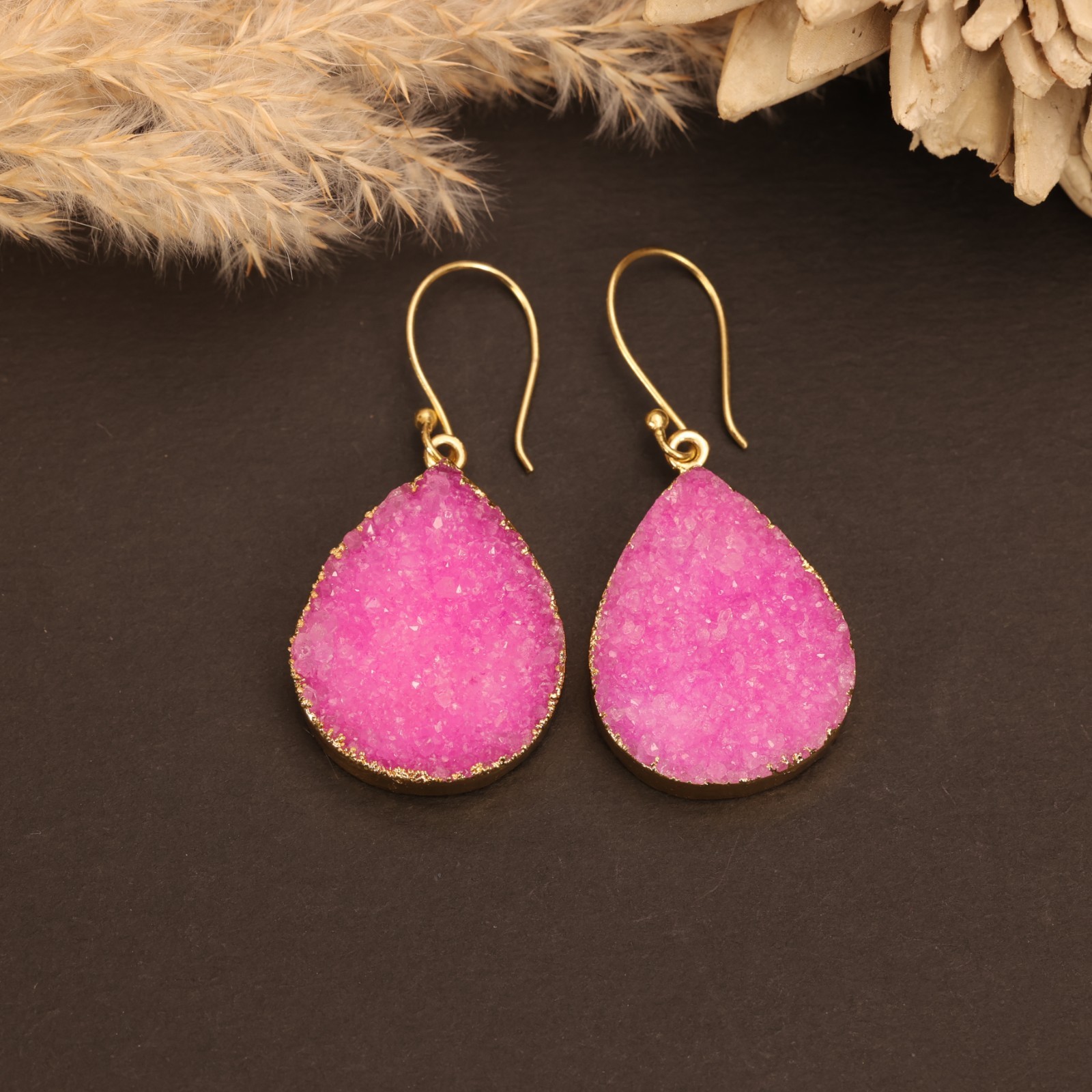 Pink Druzy Dangle Earrings | Gold Plated Brass.