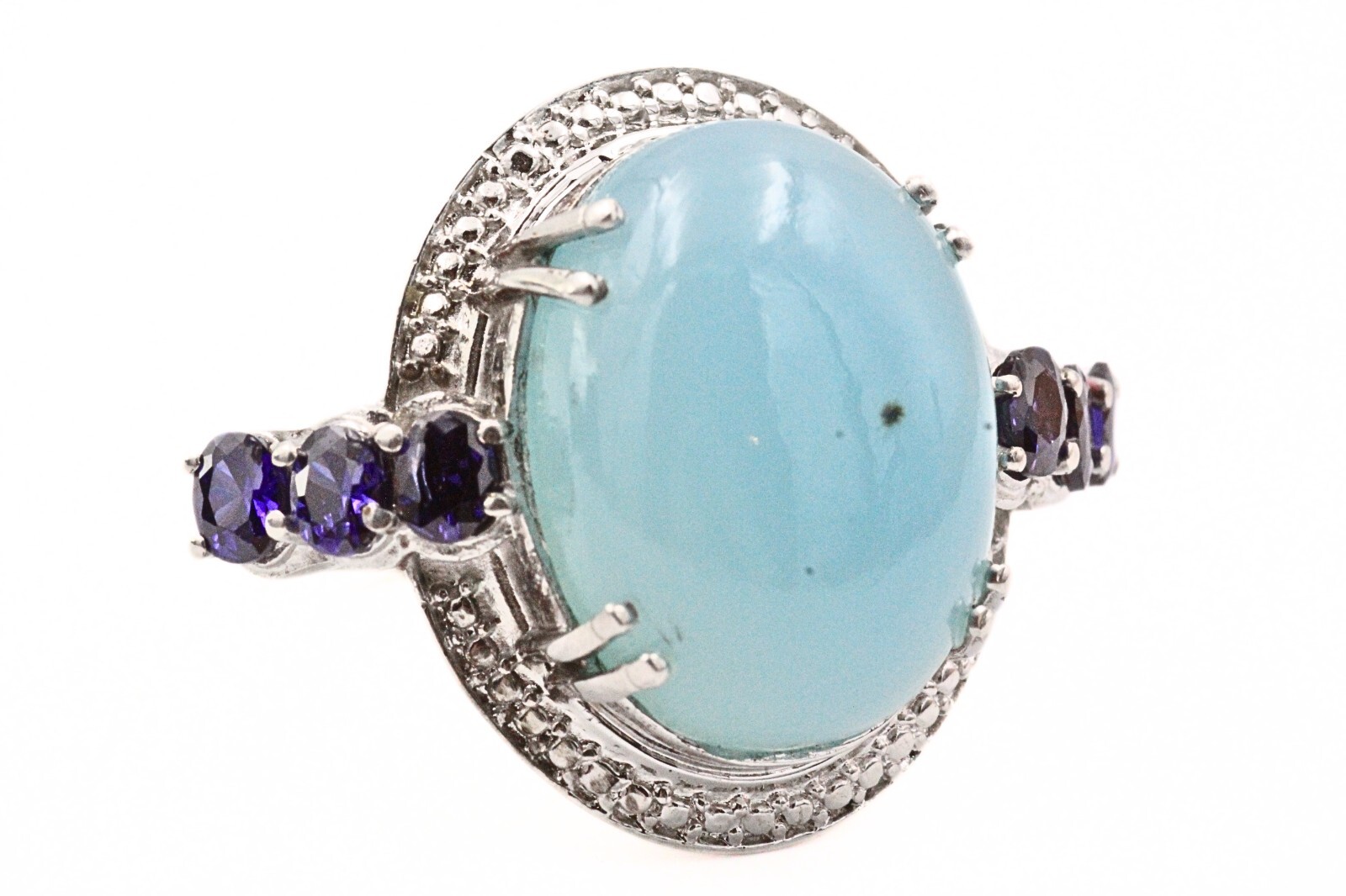 Karis STS Signed Rhodium Plate Light Blue Glass Cab Purple CZ Cocktail Ring Sz 9