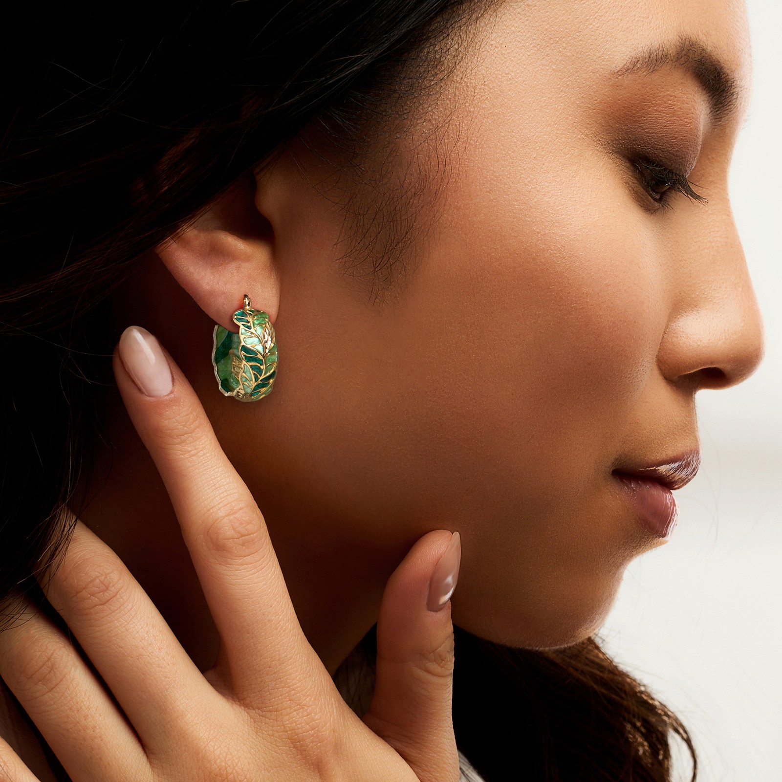 Italian Green Enamel Leaf Vine Hoop Earrings in 14kt Yellow Gold. 7/8 inches