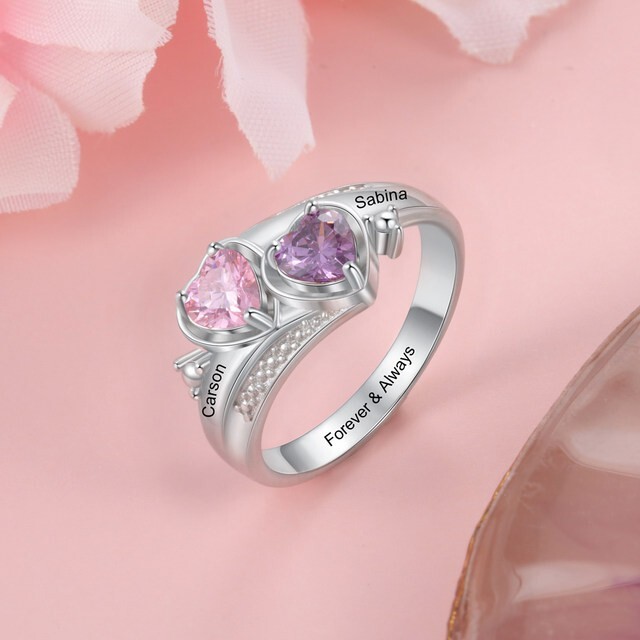 Customized Two Name Birthstone Ring Engraved Jewelry Partner Gift Romance Heart