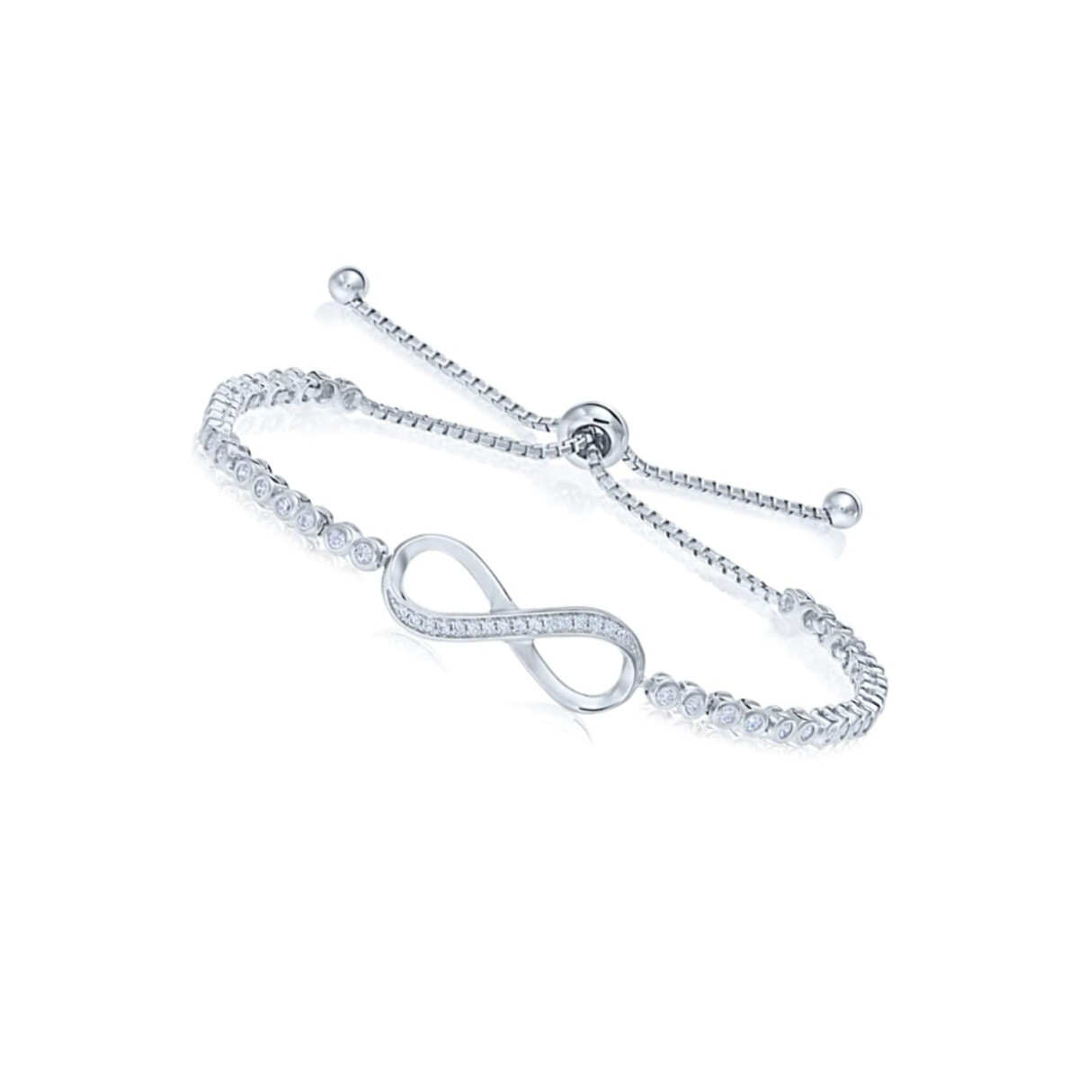 Sterling Silver CZ Infinity Bracelet with Bezel Set Adjustable Drawstring Clasp