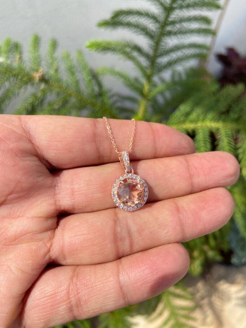 2Ct Round Simulated Morganite Beauty Halo Pendant Necklace 14K Rose Gold Plated