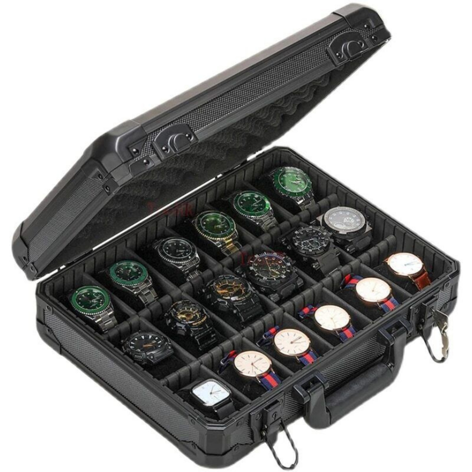 Watch Boxes 18 or 24 Slots Black Aluminum Briefcase with Lock for Mens Watches