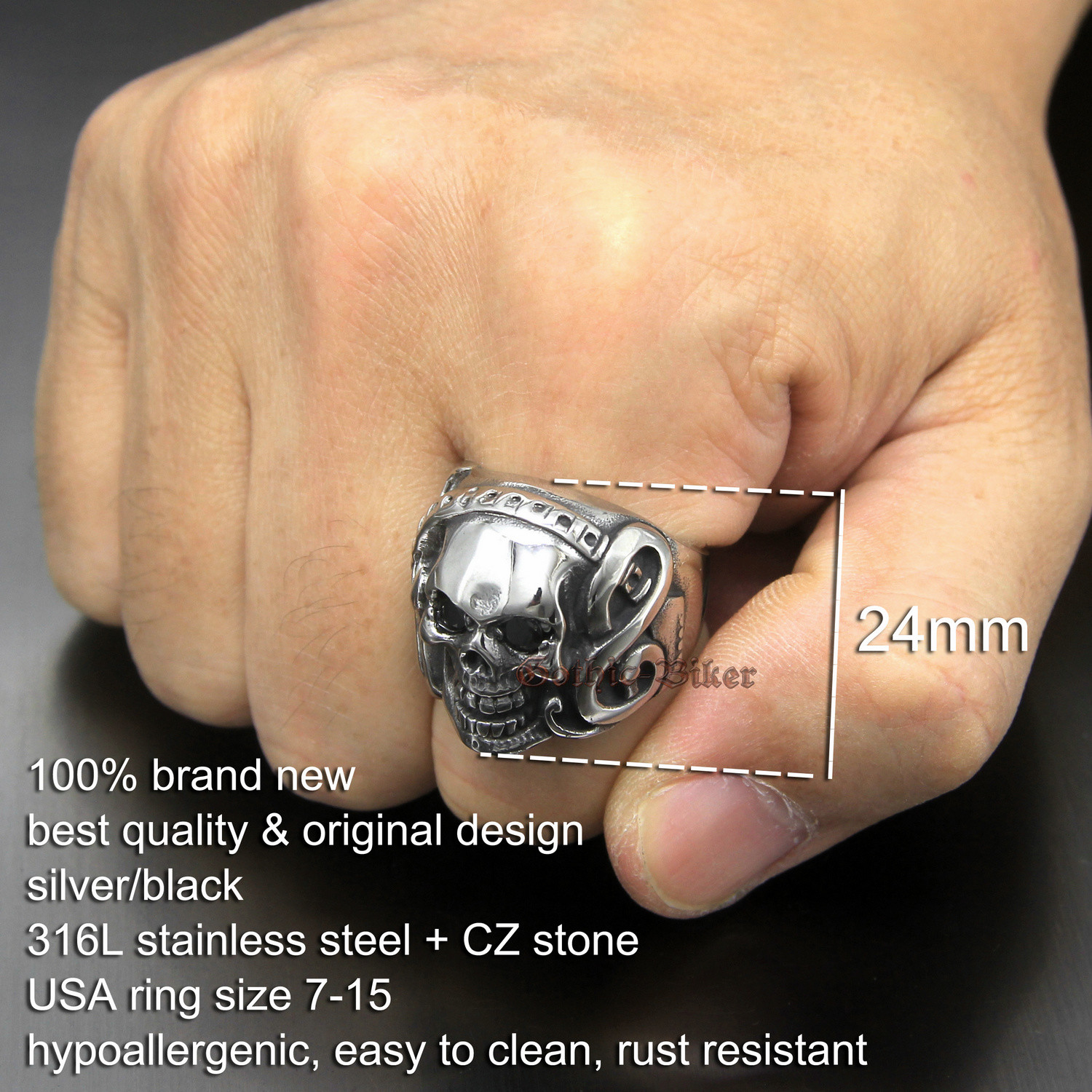 Men’s Rock’n Roll Music Guitar Black CZ Skull Stainless Steel Rocker Ring Size 8