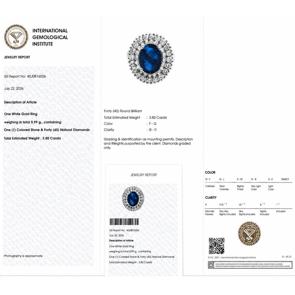 3.80cts IGI Certified Natural Diamond 14k White Gold 6gr Blue Topaz Ring