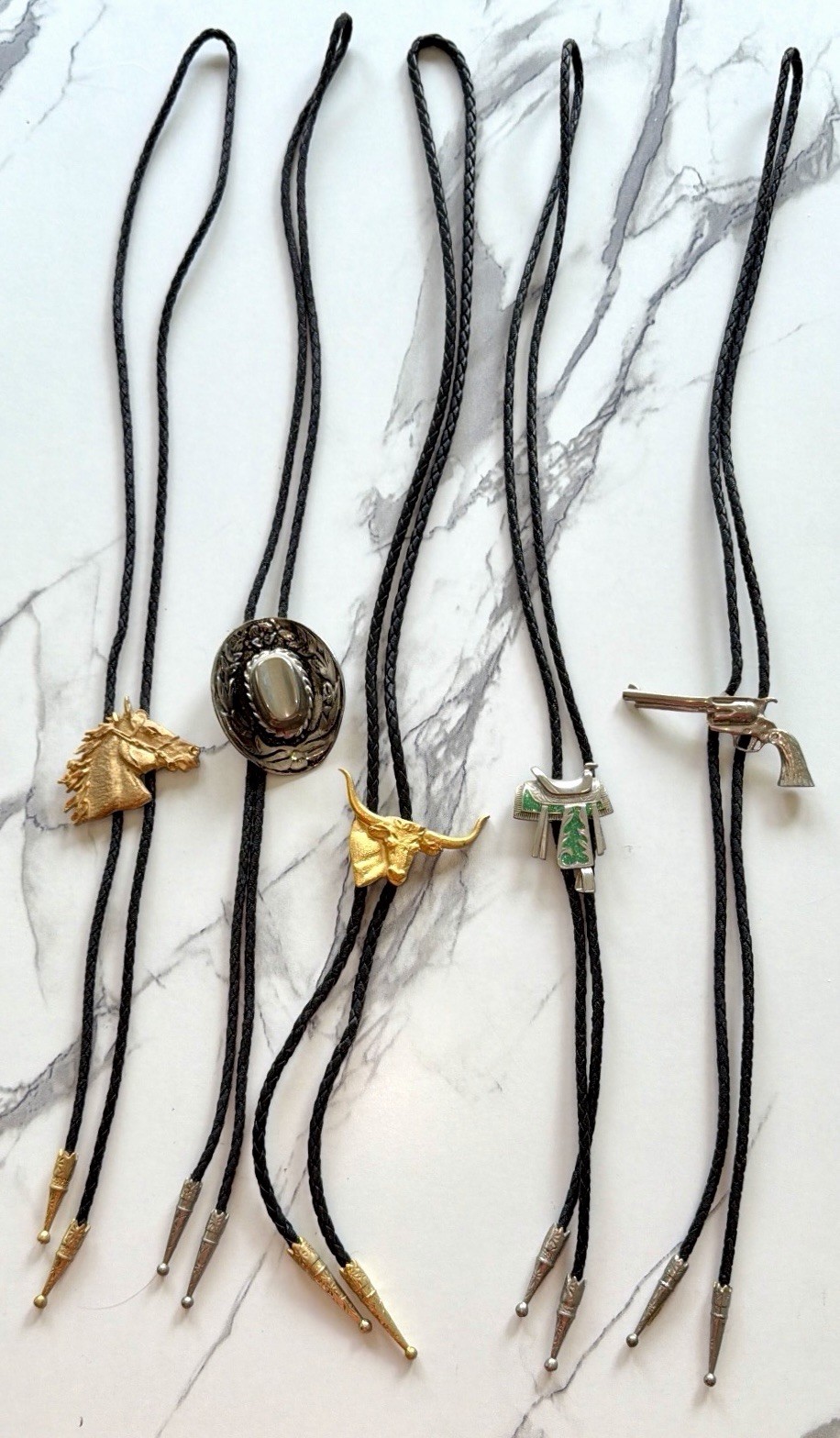 5pc Western Bolo Tie Mixed Lot Black Braided Cord Horse Bull Pistol Slides