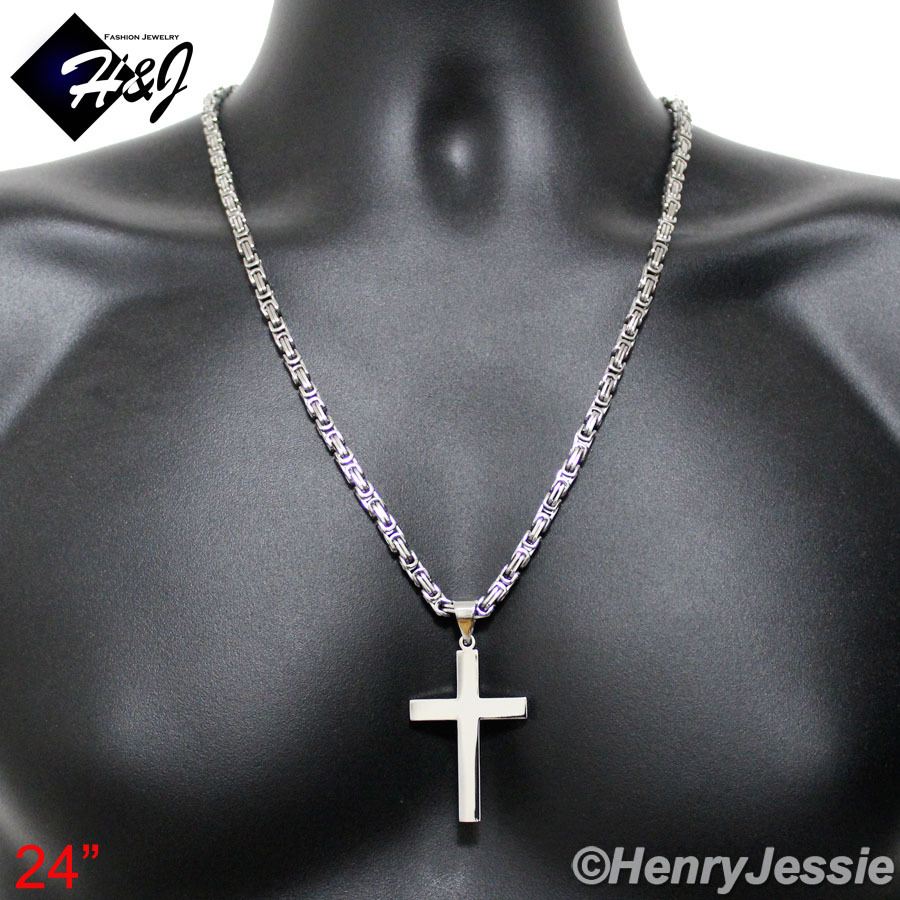 24″MEN Stainless Steel 6mm Silver Byzantine Box Chain Necklace Cross Pendant*P64