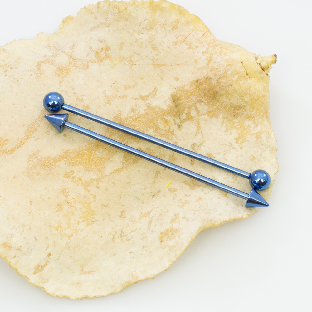 Pair of Industrial straight Barbell 14g spike and ball design Anodized Titanium
