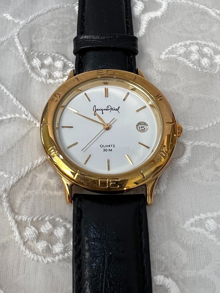 Vintage Jacques Farel Mens Watch Round White Dial Black Leather Band A3