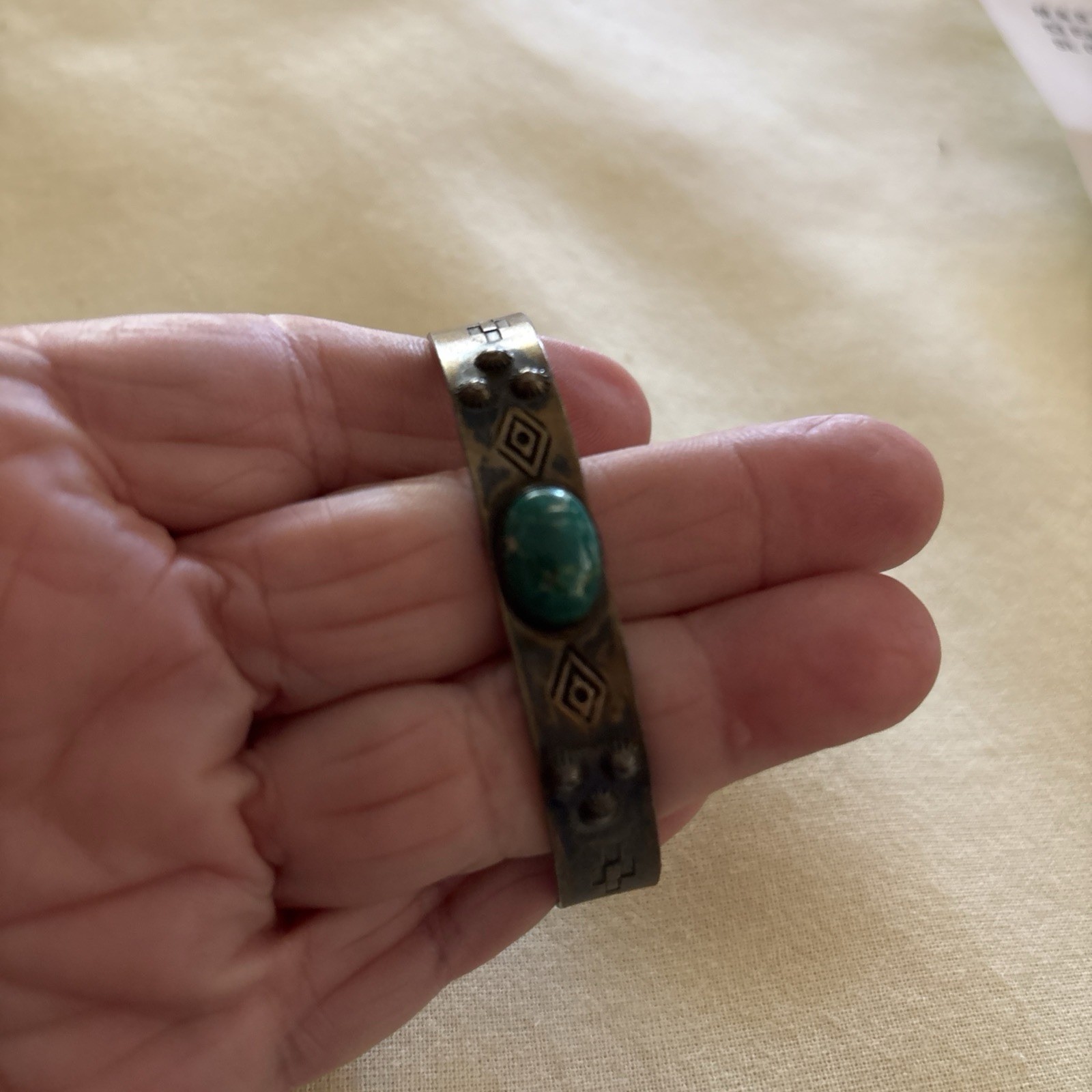 Fred Harvey Era cuff-stamped Sterling with Green Turquoise Stone