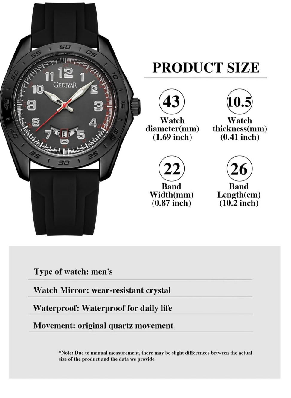 Mens Wrist Watch Big Dial Numbers Casual Business Sport Waterproof Silicone Band