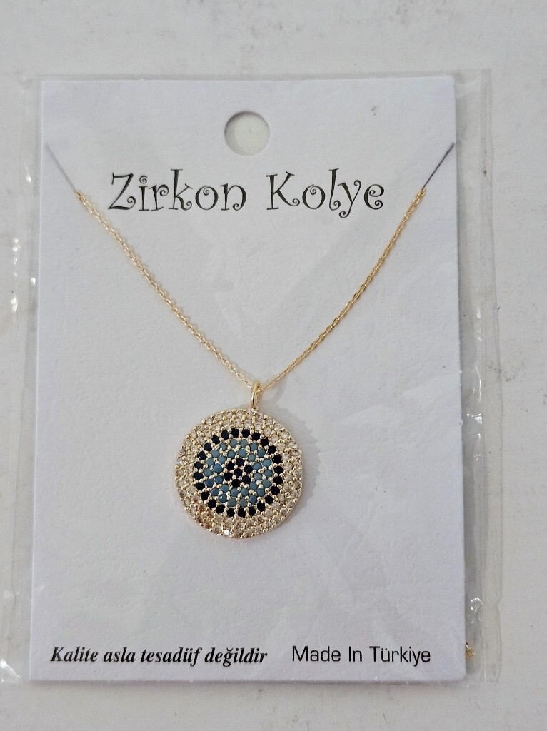 Zirkon Kolye Pendant Necklace ~Blue & Clear Stones ~Turkey ~ Gold Color ~NIP