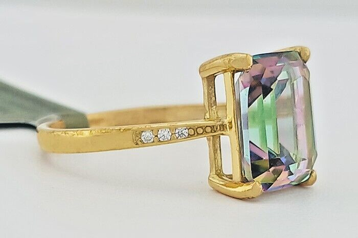 MYSTIC TOPAZ 3.85 Cts & WHITE SAPPHIRES RING 14k YELLOW GOLD PLATED