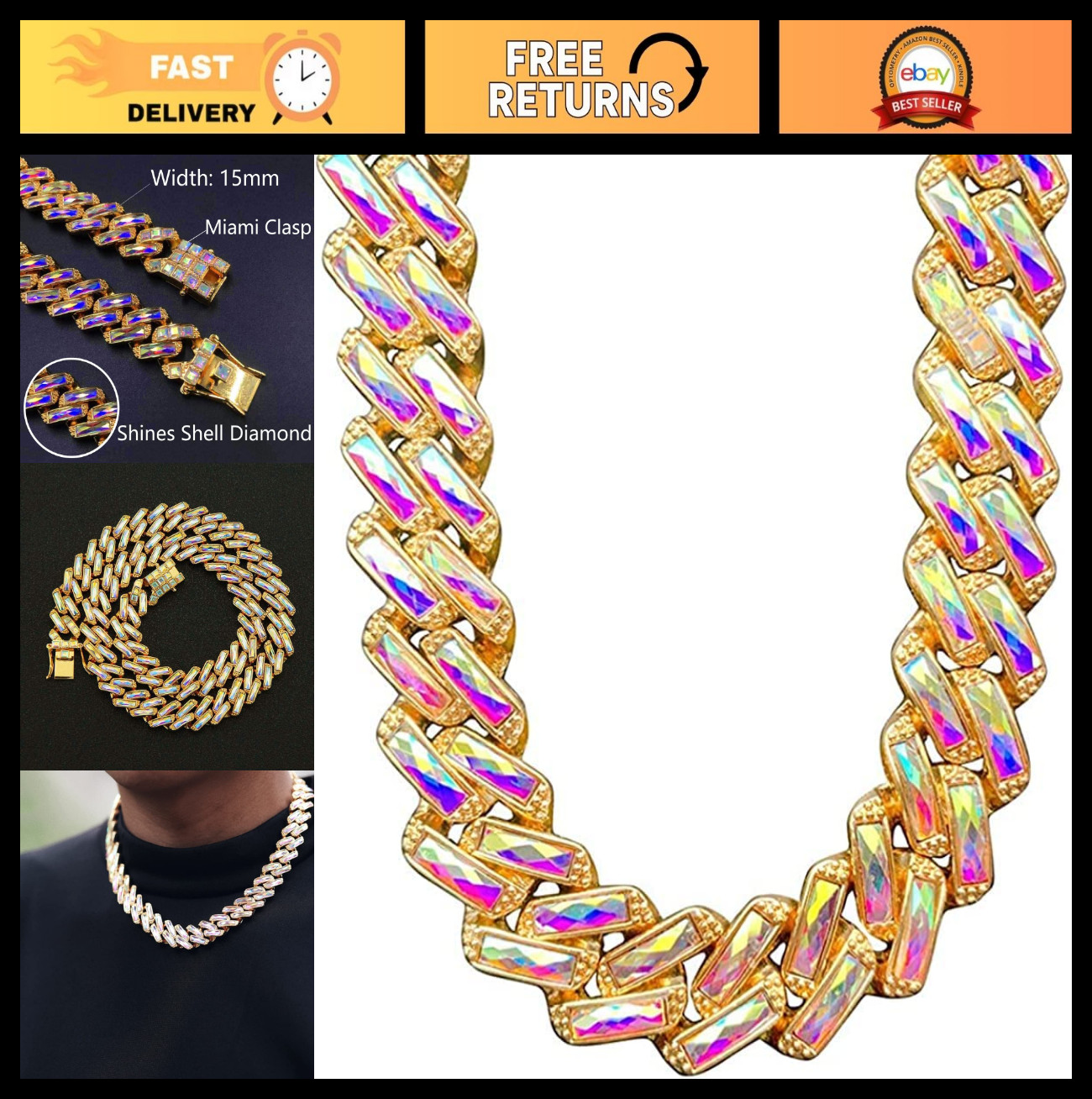 15mm Colorful Iced Out Gold Plated Hip Hop Cuban Link Chain Bracelet & Necklace