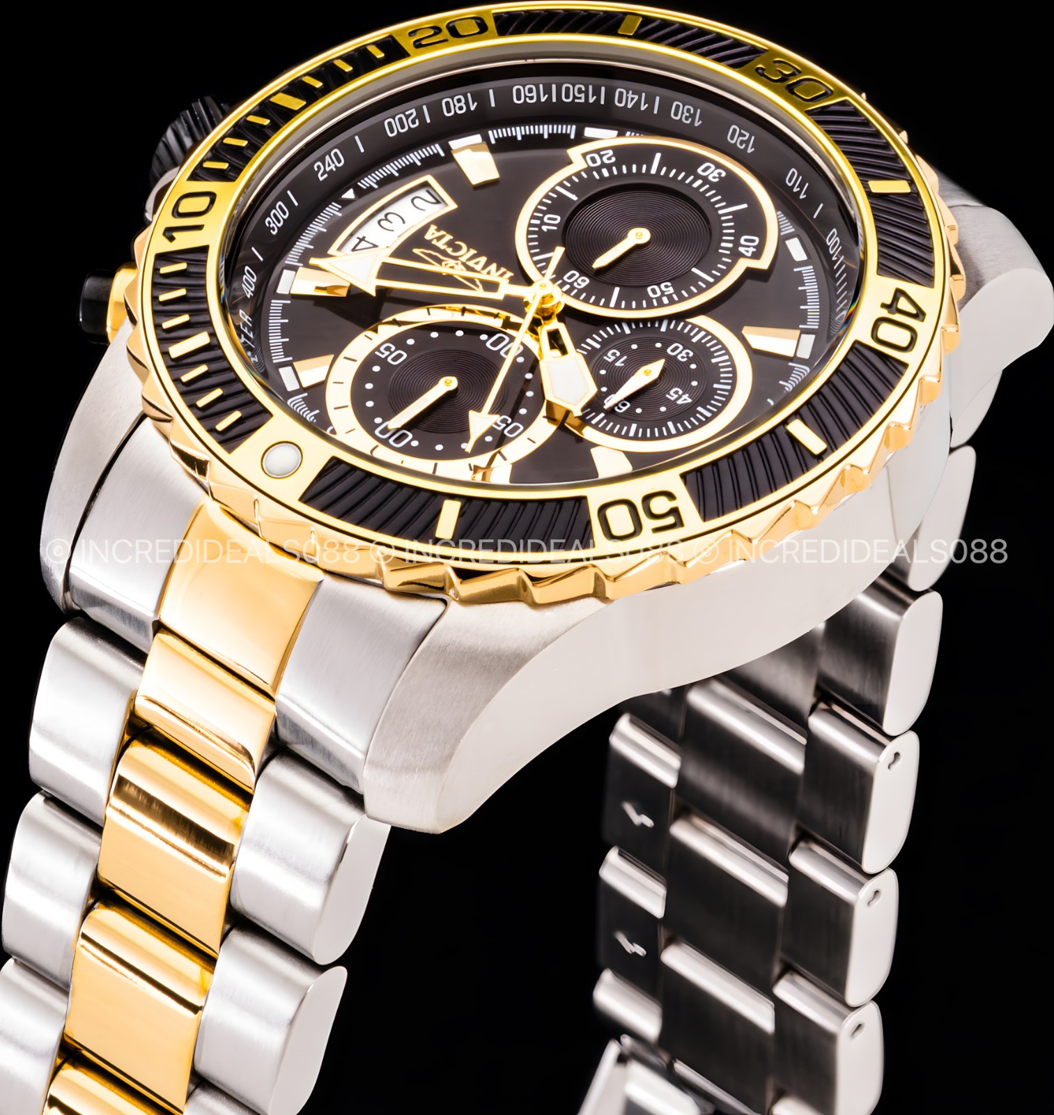 Invicta Men PRO DIVER SCUBA 18K GOLD SILVER Black Dial Two Tone Bracelet Watch
