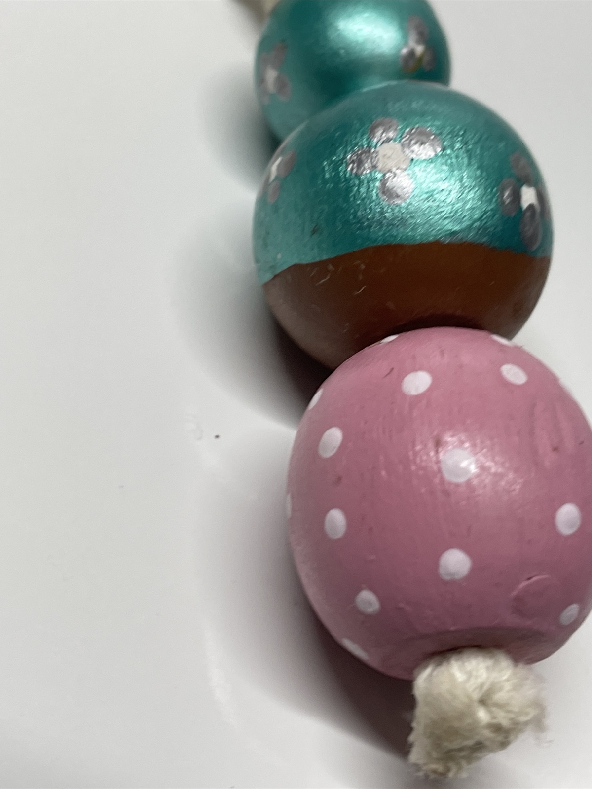 Vintage wooden handmade doll necklace hand painted Beads Pink Aqua Blue
