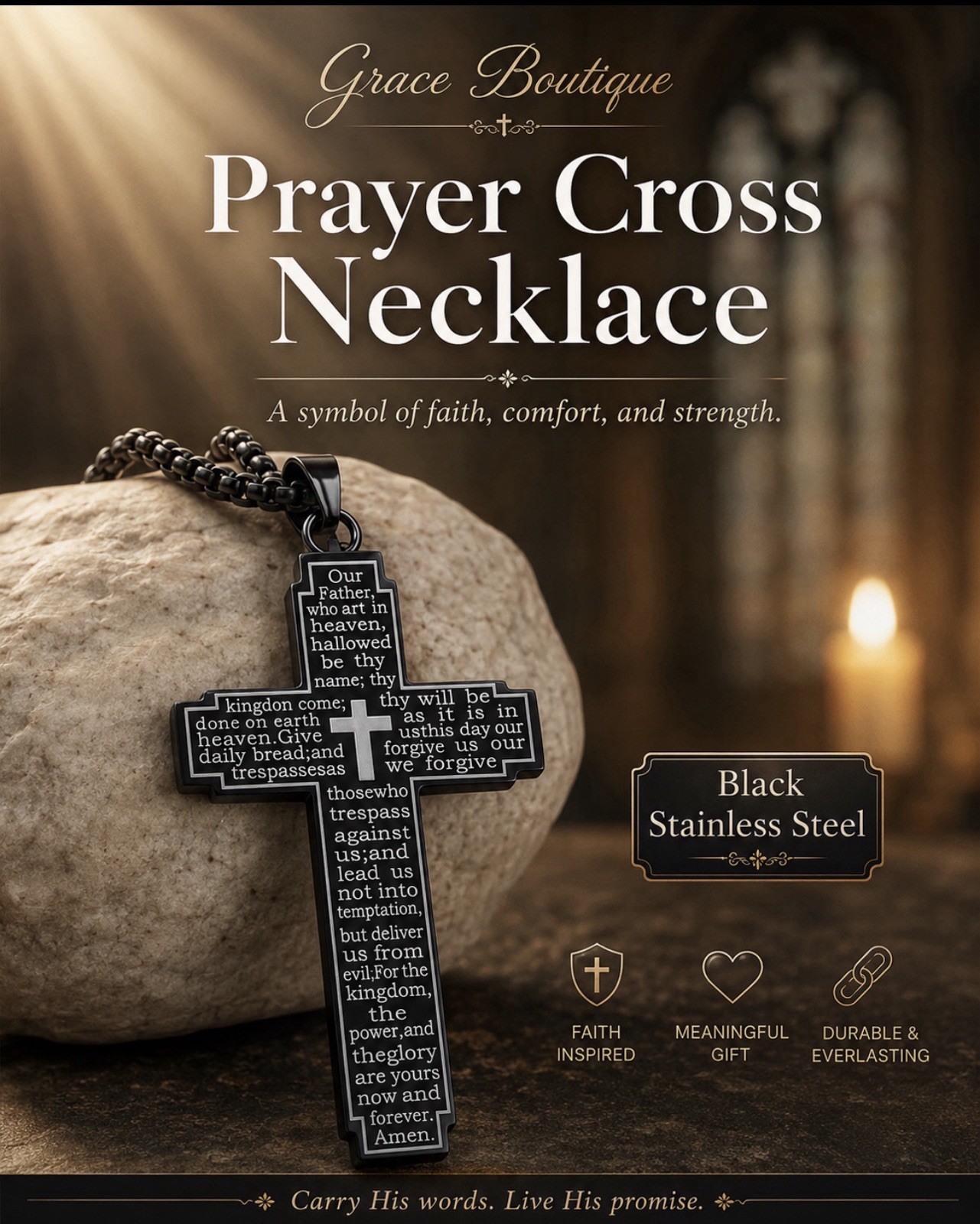 Grace Boutique Prayer Cross Pendant Necklace Black Stainless Steel Cable 23.62in