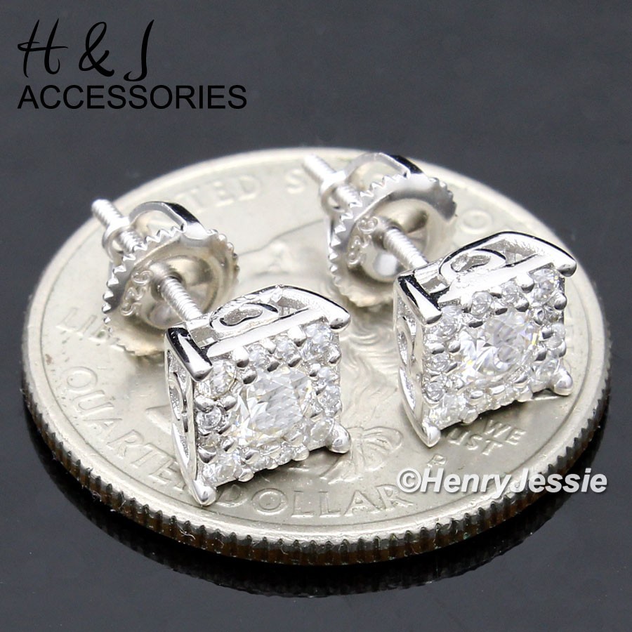 SOLID 925 STERLING SILVER ICY 1.25CT MOISSANITE 7MM 3D SQUARE STUD EARRING*ME292