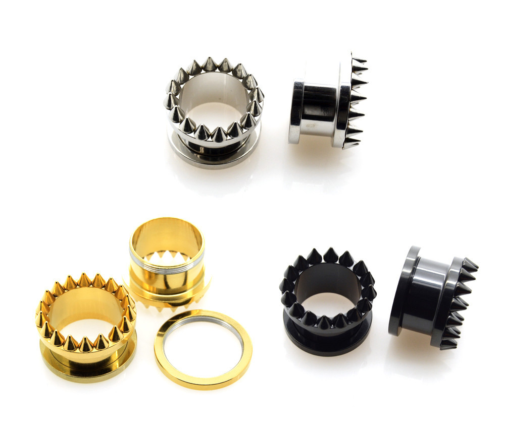 Ear Plug Gold,Black,Silver Double Spike Tunnel Plug Gauge 8mm to 20mm 2pieces