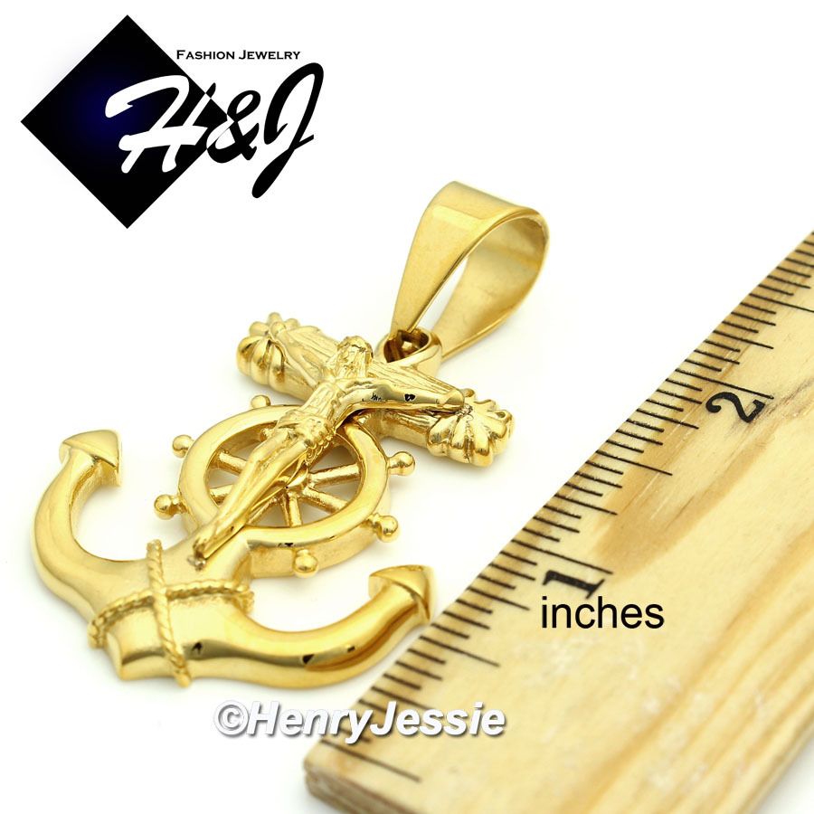 18″-40″Stainless Steel 9mm Gold Plated Cuban Curb Chain Anchor Cross Pendant*58