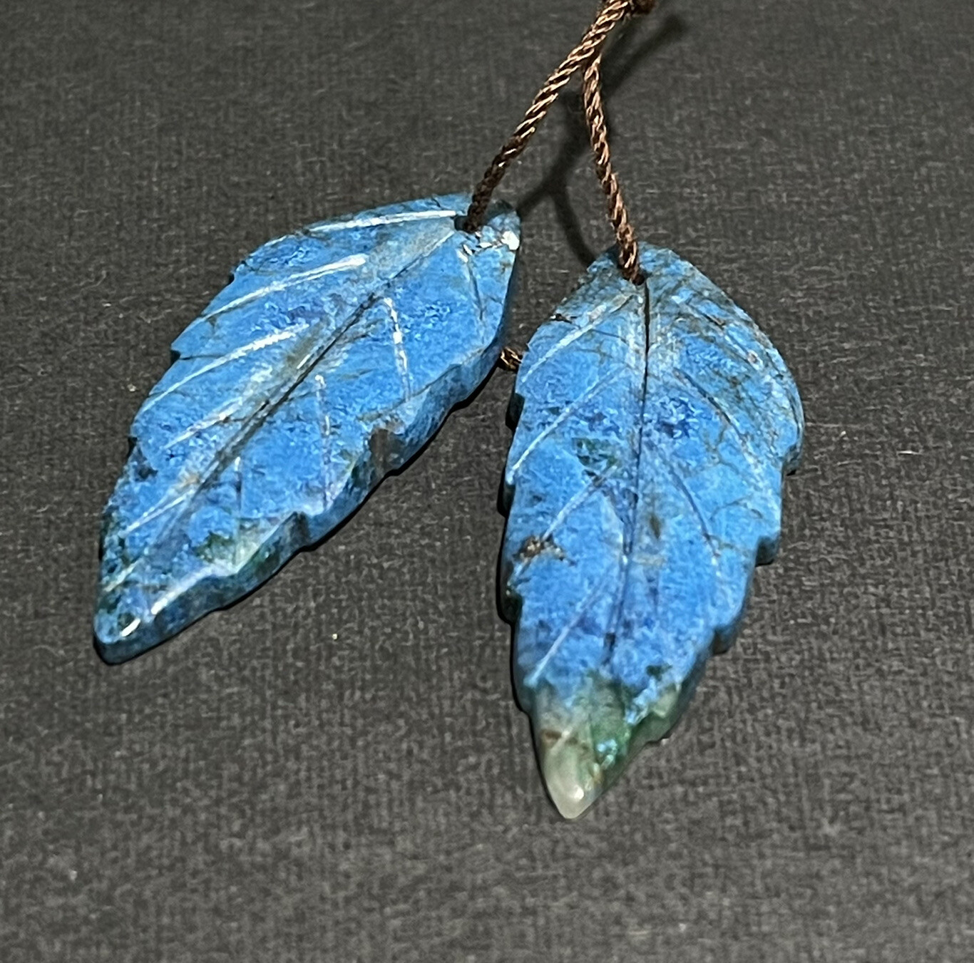 34x15x4mm Pair Of Carved Blue Chrysocolla Leaves Top Drilled Stones