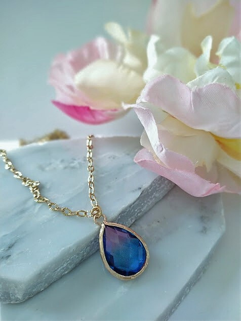 Faceted Purple & Blue Glass Teardrop Gold Chain Necklace, Minimalist Dainty