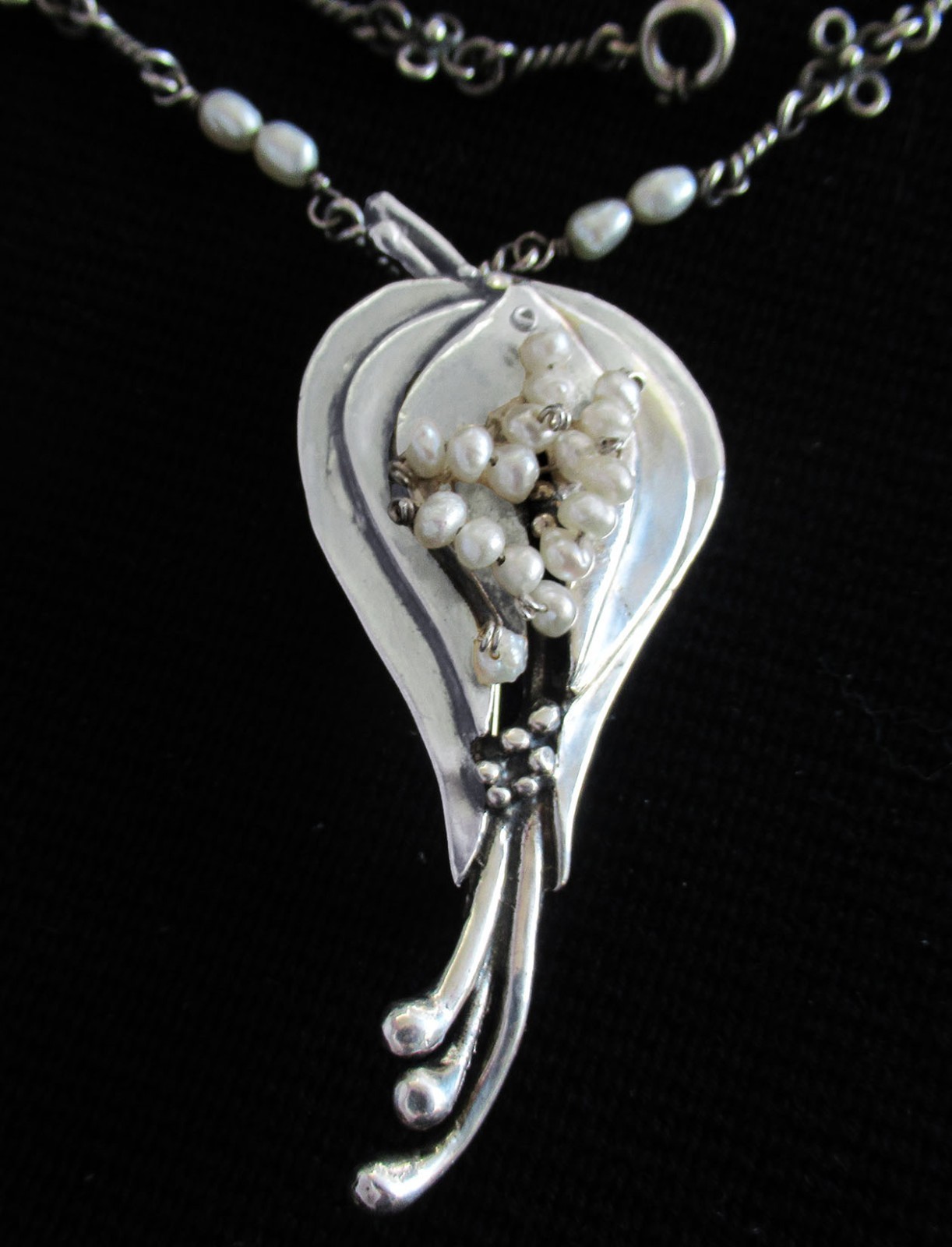 HANDMADE LARGE STERLING NECKLACE PENDANT BROOCH w PEARLS, 2 3/4 INCHES, 34 GRAMS
