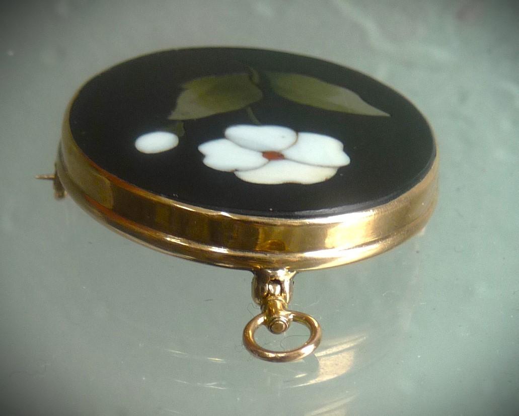 GORGEOUS ANTIQUE 10K PIETRA DURA MOSAIC GEMSTONE FLORAL MOURNING PIN PENDANT!