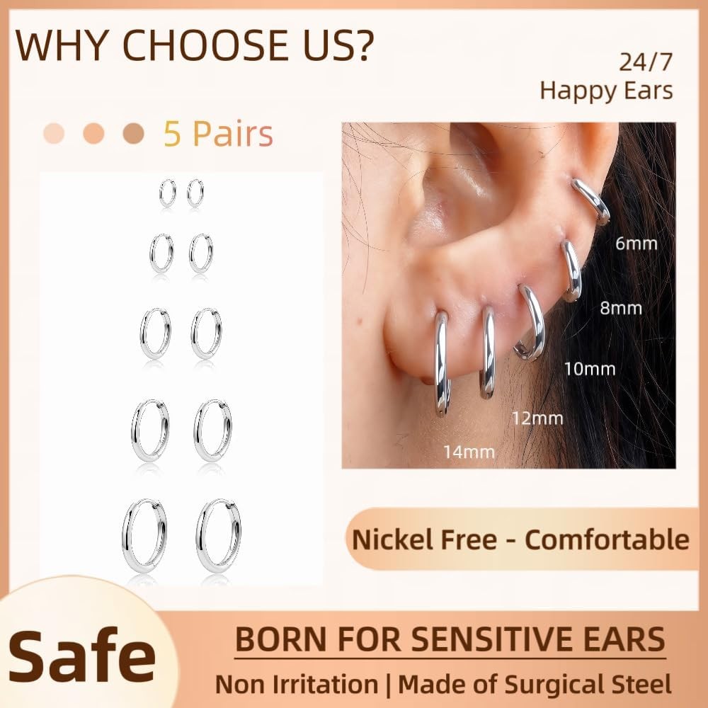 Silver Huggie Hoop Earrings Set for Women Stackable | Non Tarnish, Nickel Free f