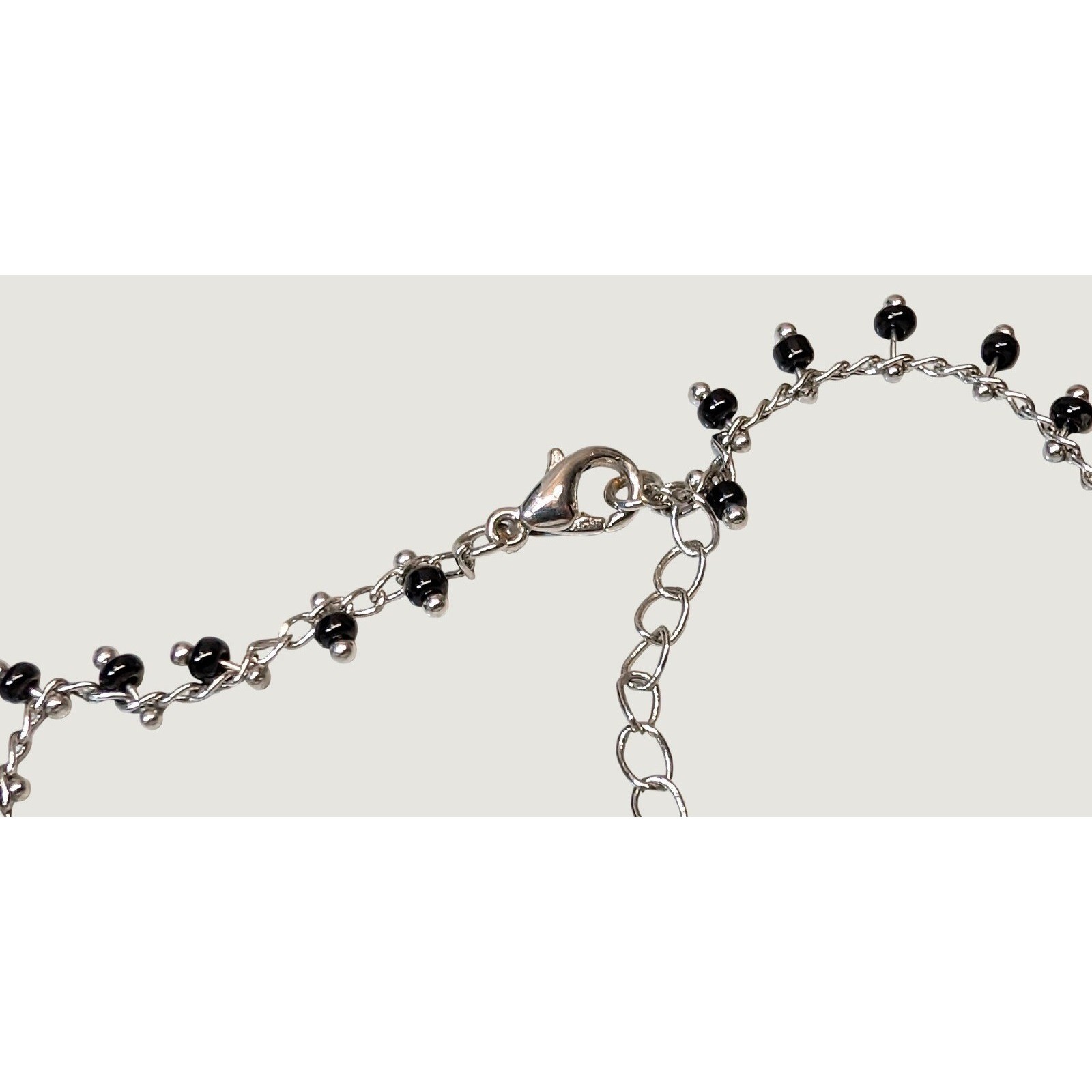 Vintage Beaded Chain Anklet Bracelet Up to 10″ Silver Tone Black Boho Dainty