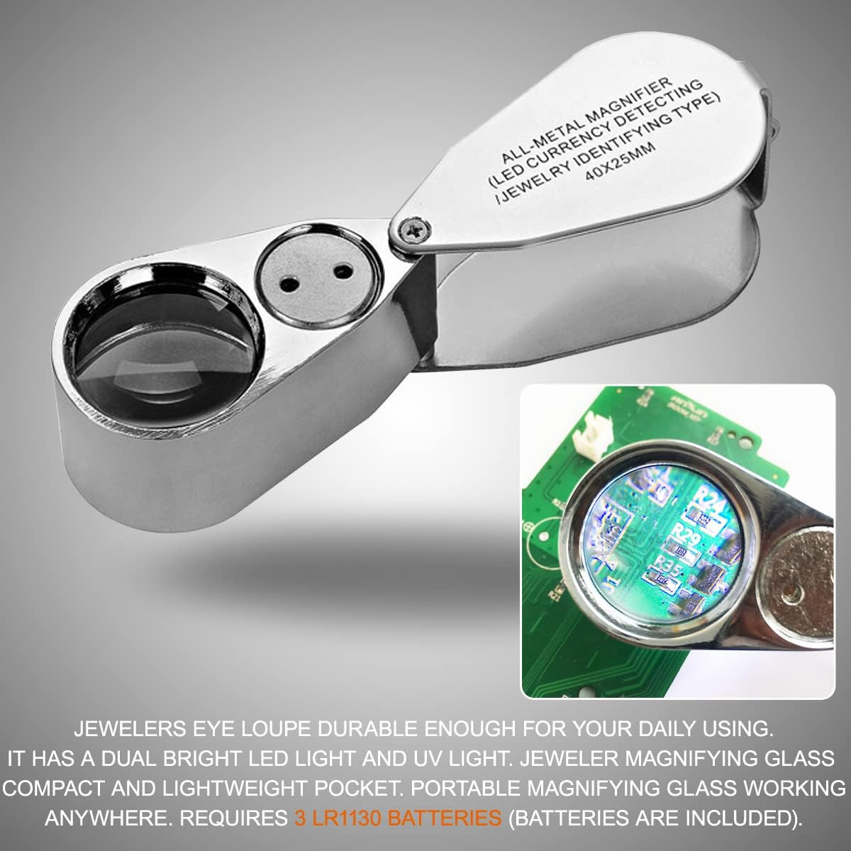40X Jewelry Loupe Magnifier with LED UV Light Folding Glass Lens