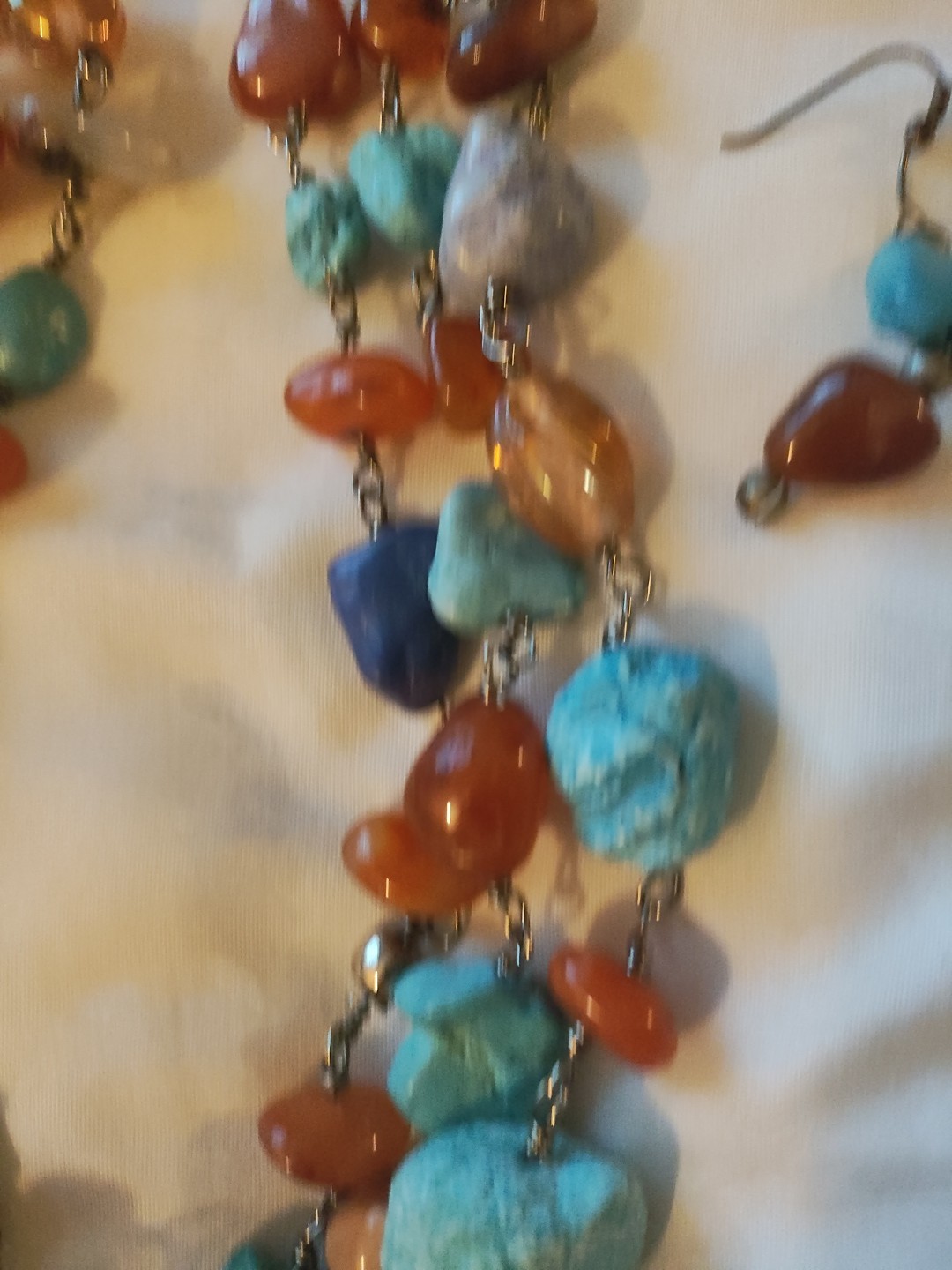 Artisan Amber & Turquoise 19″ 3 Strand Rock Necklace/ Earrings Southwest. Read