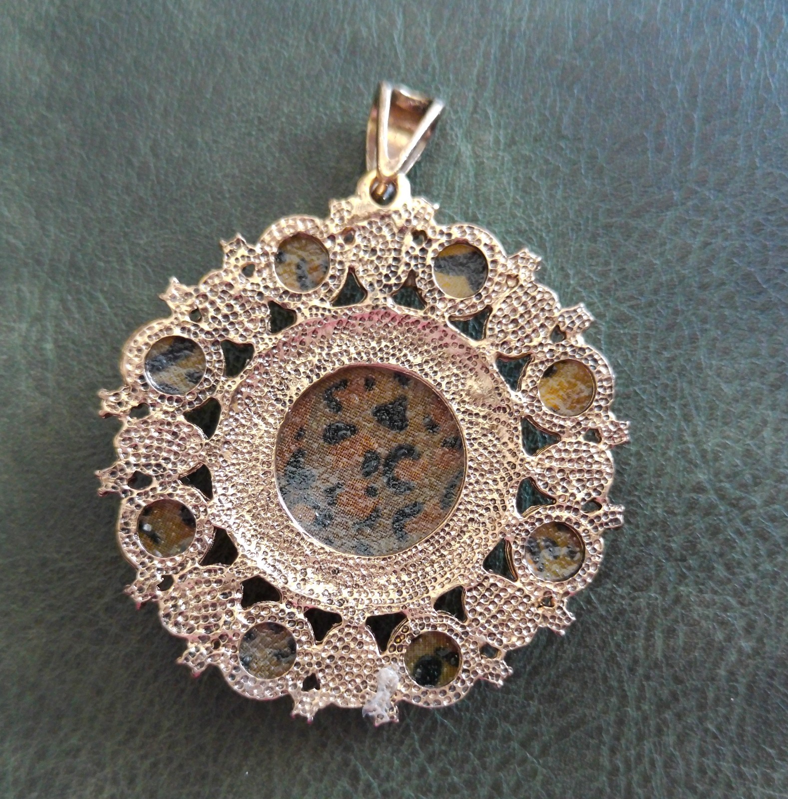 Vintage Large Round Gold Tone Acrylic Brown/Black Pendant 3″ with bail x 2 1/4″