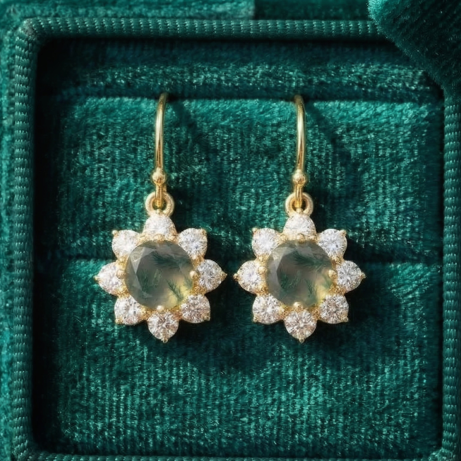 Moss Agate & CZ Statement Drop Silver Earrings,Gold Plated Floral Dangle Earring