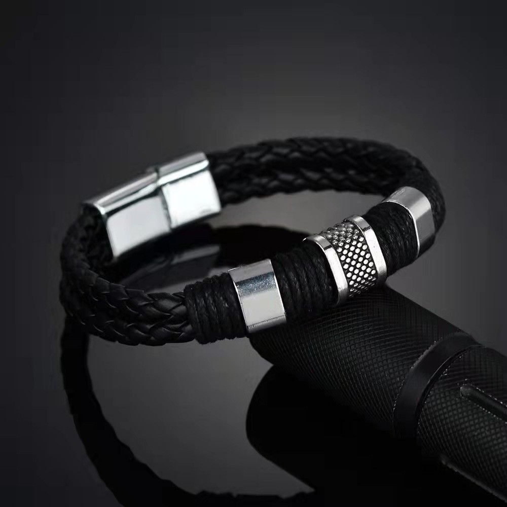 Retro Men’s Magnetic Buckle Faux Leather Fabric Stainless Steel Braided Bracelet