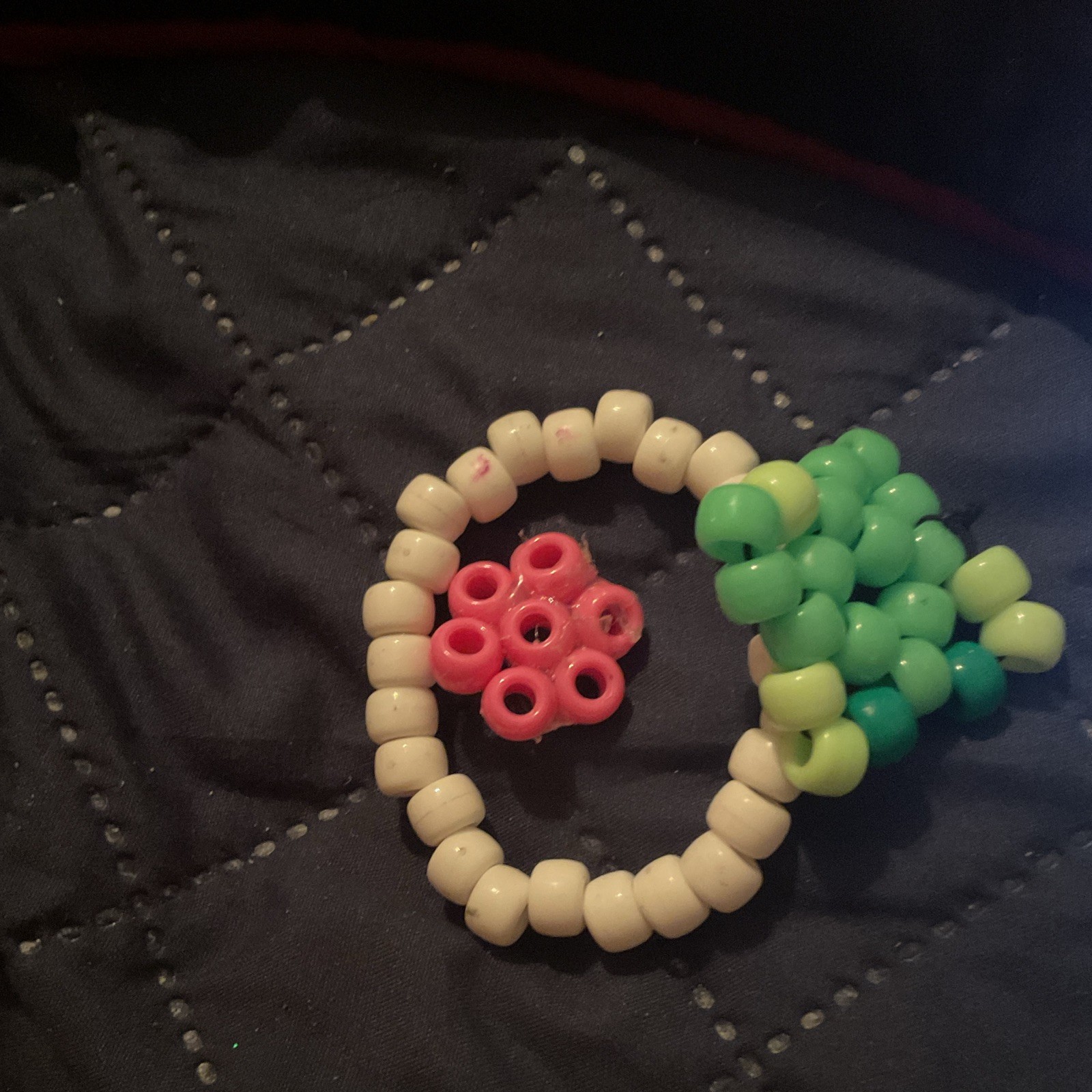 White Plastic Beaded Stretch Slip-On Bracelet w/ Green & Pink Beads Unisex