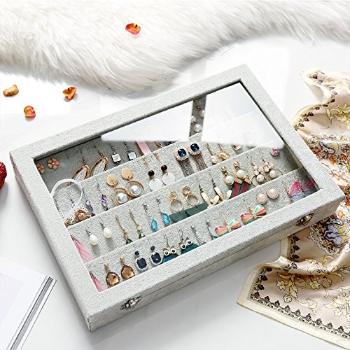 Velvet Clear Lid Earring Box Organizer Storage 55 Pairs Stud Tray Earrings