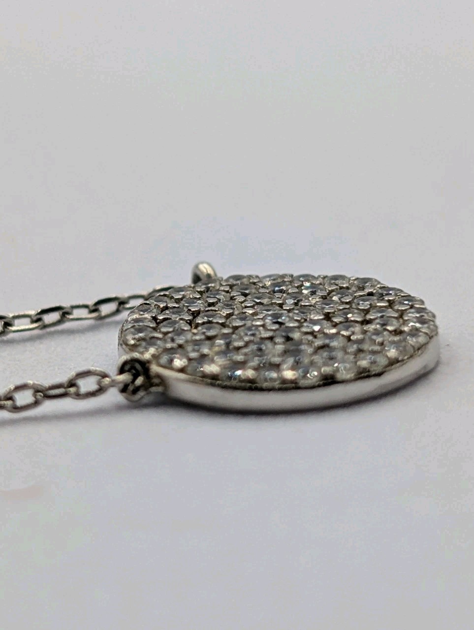 Signed Sterling Silver Pave CZ Circle Cable Chain 925 Necklace 15.75″-18.5″ Adj.