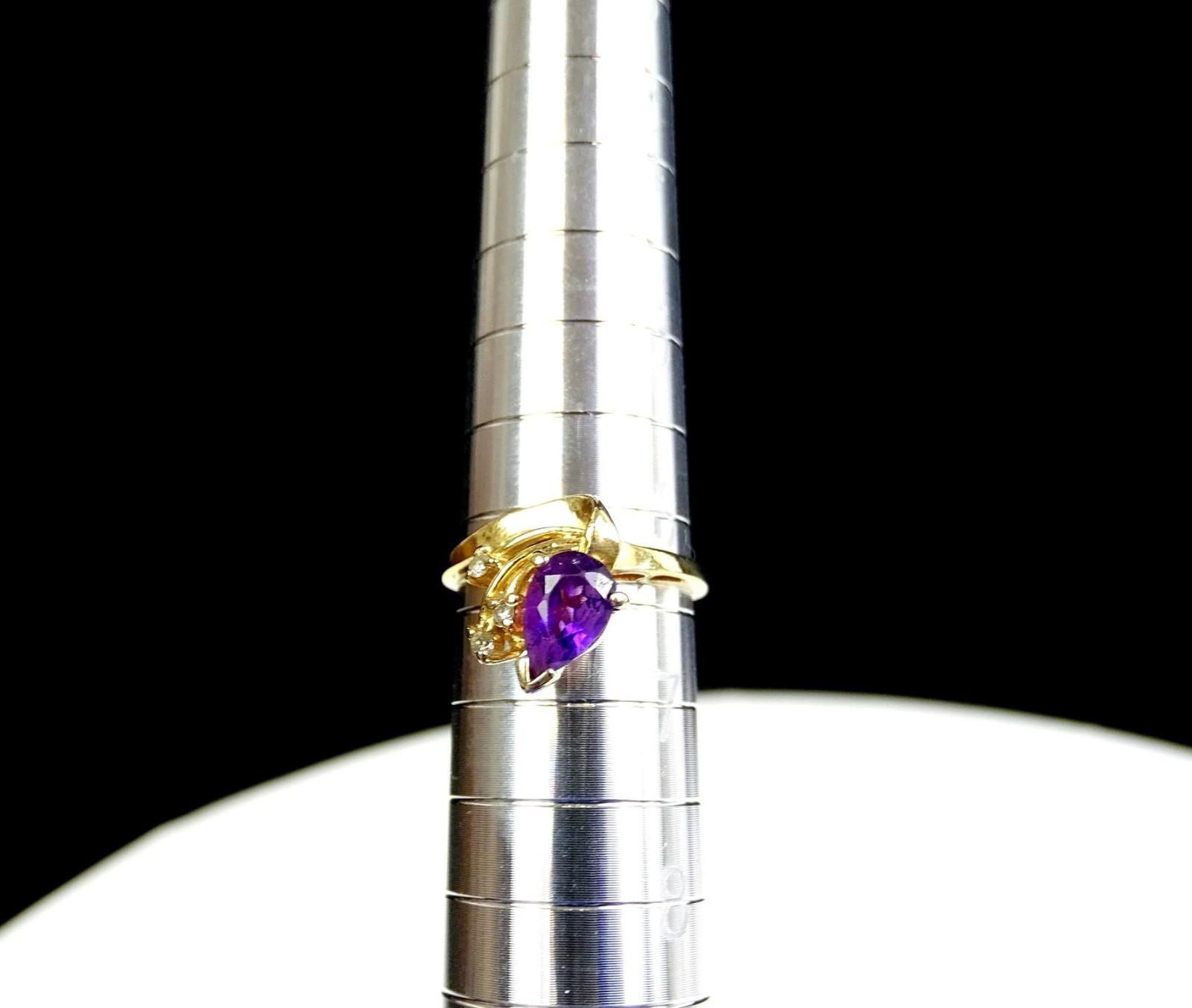 14K Yellow Solid Gold 3.2 Grams Size 6.5″ Pear Shape Amethyst Diamond Ring 1980