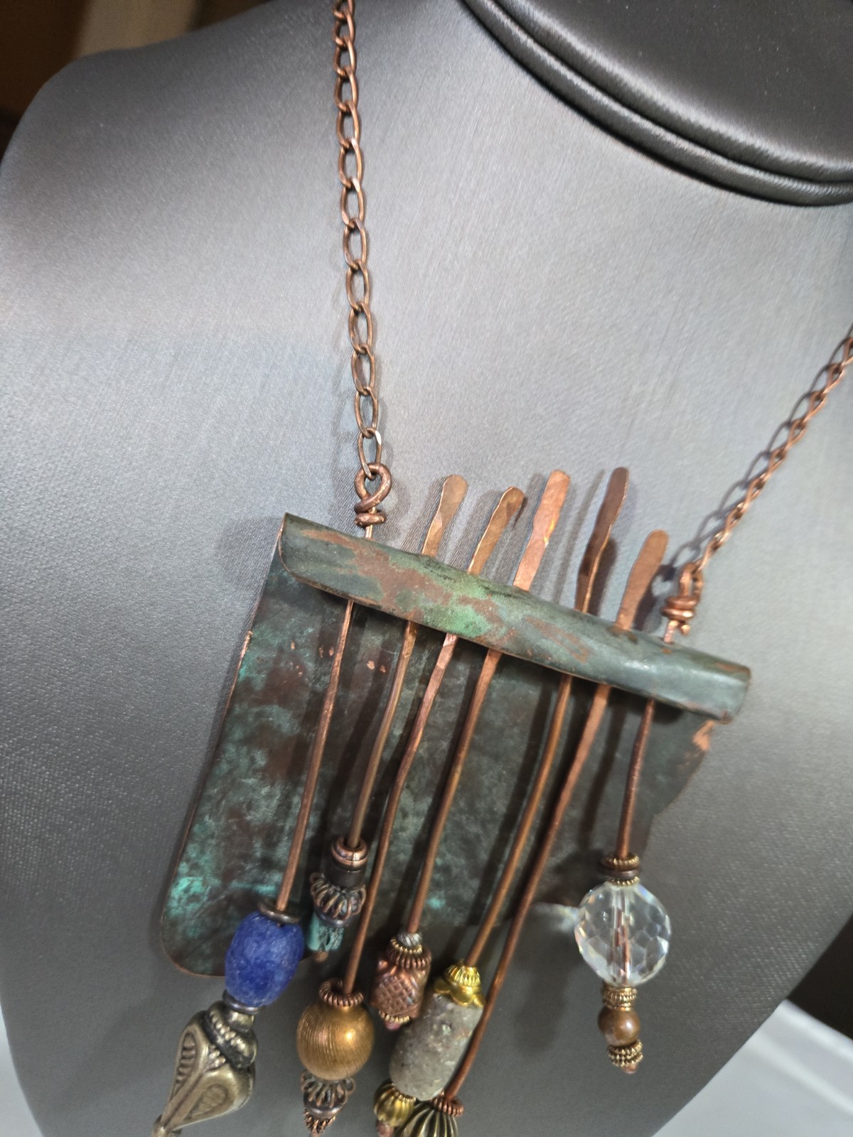 Artisan Made Brutalist Art Deco Necklace Copper Mixed Media Handmade