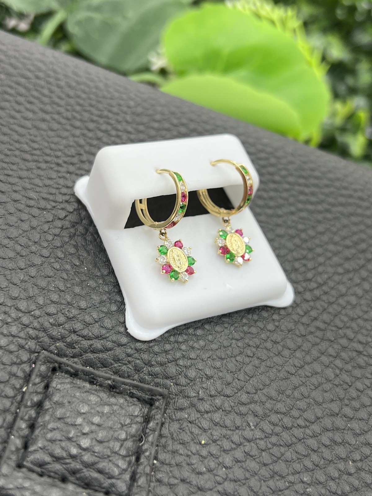 14K Yellow Gold CZ Huggies Virgen de Guadalupe Earrings 24x12mm Elegant Gifts
