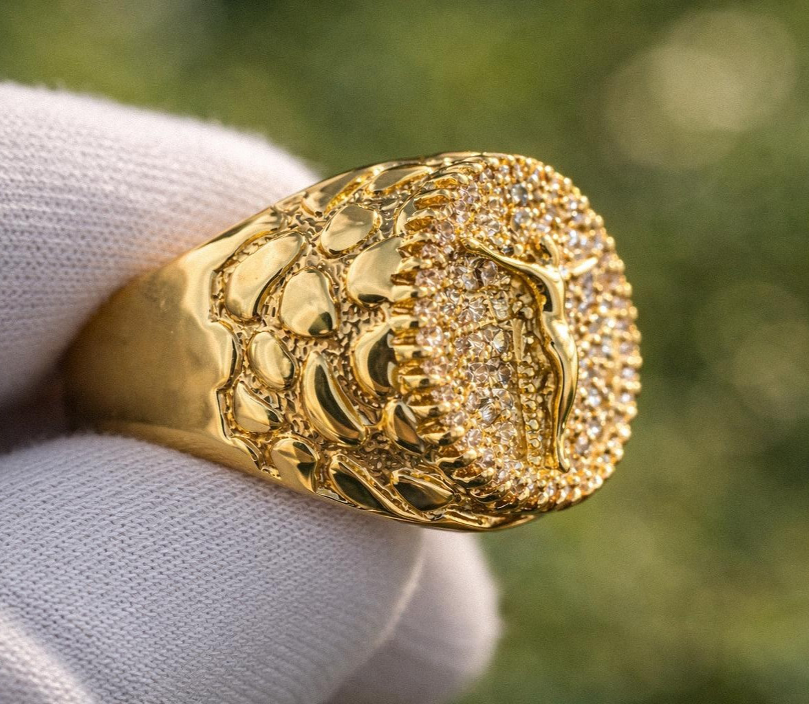 Italian 1/200 14k Yellow Gold Jesus Crucifix Iced CZ Nugget Ring Men Women