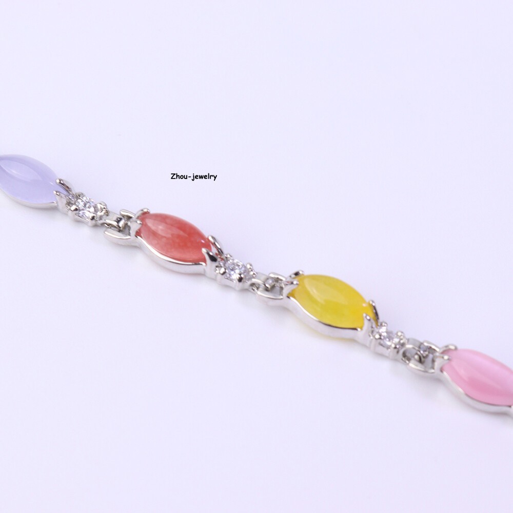 Real 18K Yellow GP Multi Color Chalcedony Chain 4.5mm Oval Beads Bracelet 7.2in