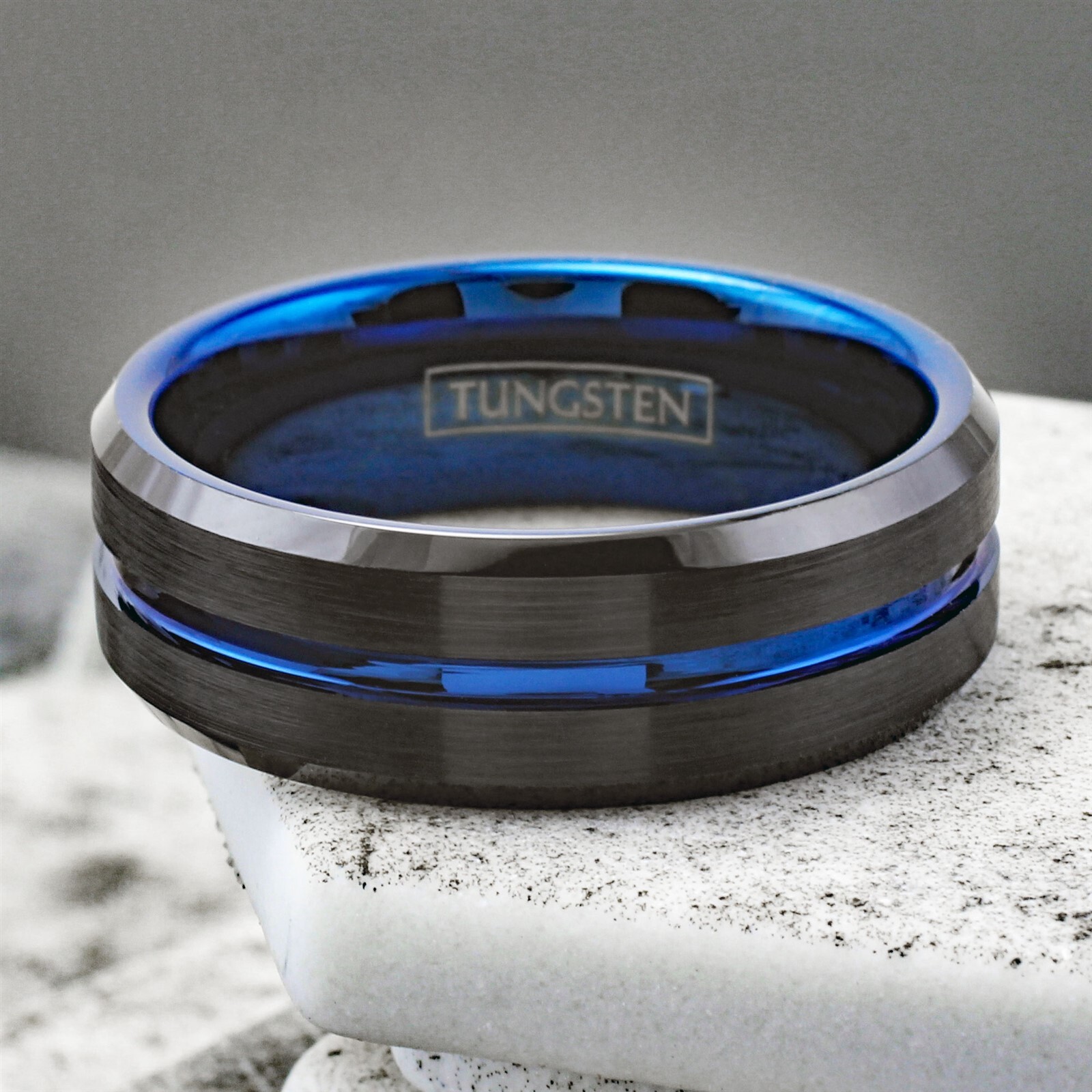 6/8mm Tungsten Carbide Men’s Ring Thin Blue Line Black Brushed Wedding Band