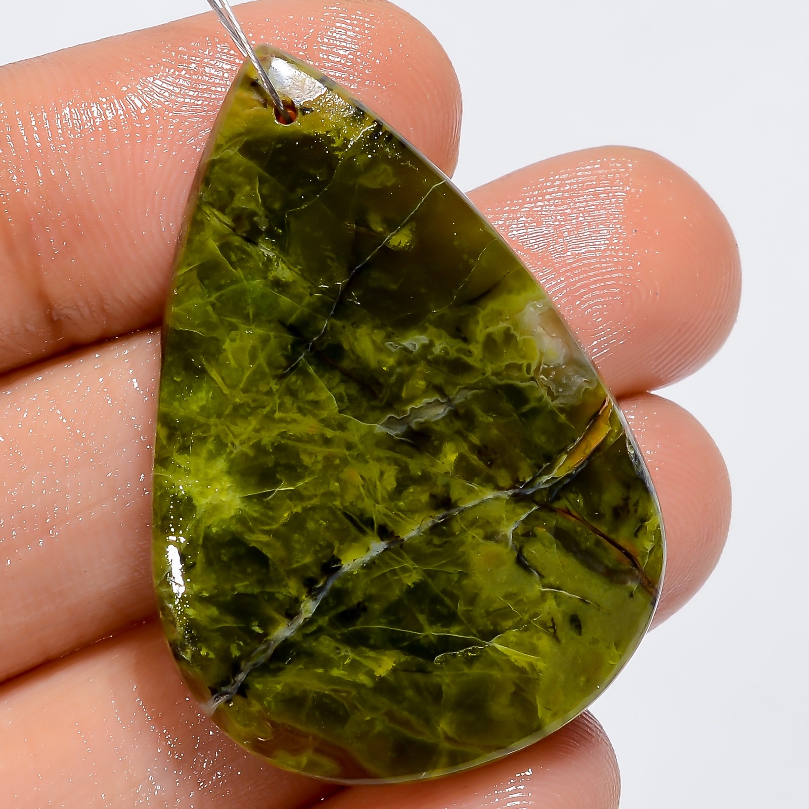100% Natural Serpentine Pear Cabochon Drilled Gemstone 34.5 Ct 37X25X4mm A-34110