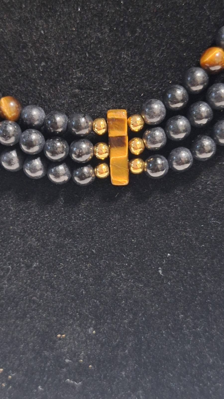 Black Glass Beaded Multi-Strand Statement Necklace Gold Tone Lobster Clasp