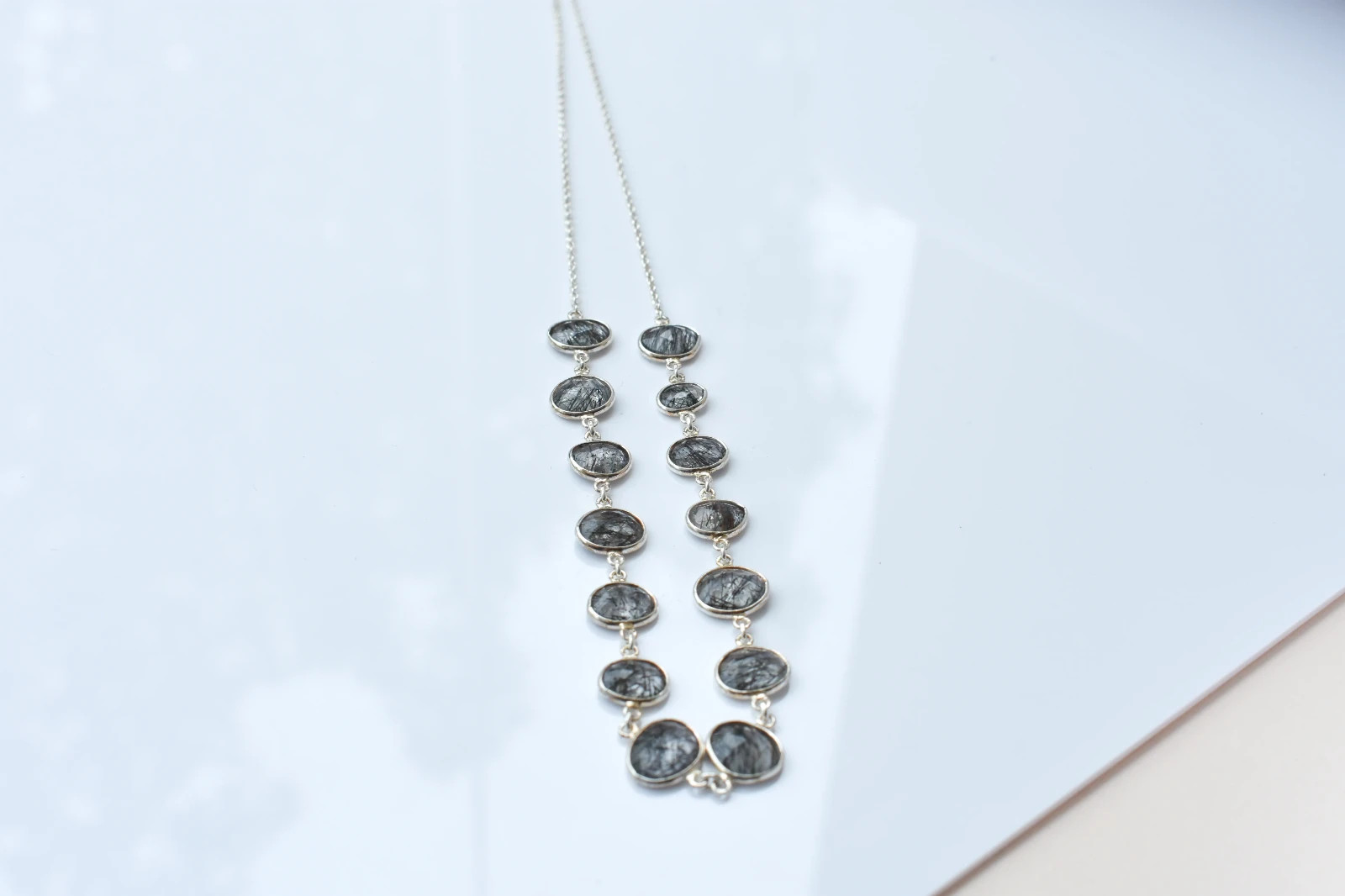 IGS Certified Black Rutilated Quartz Station Necklace, 925 Sterling Silver, Tour