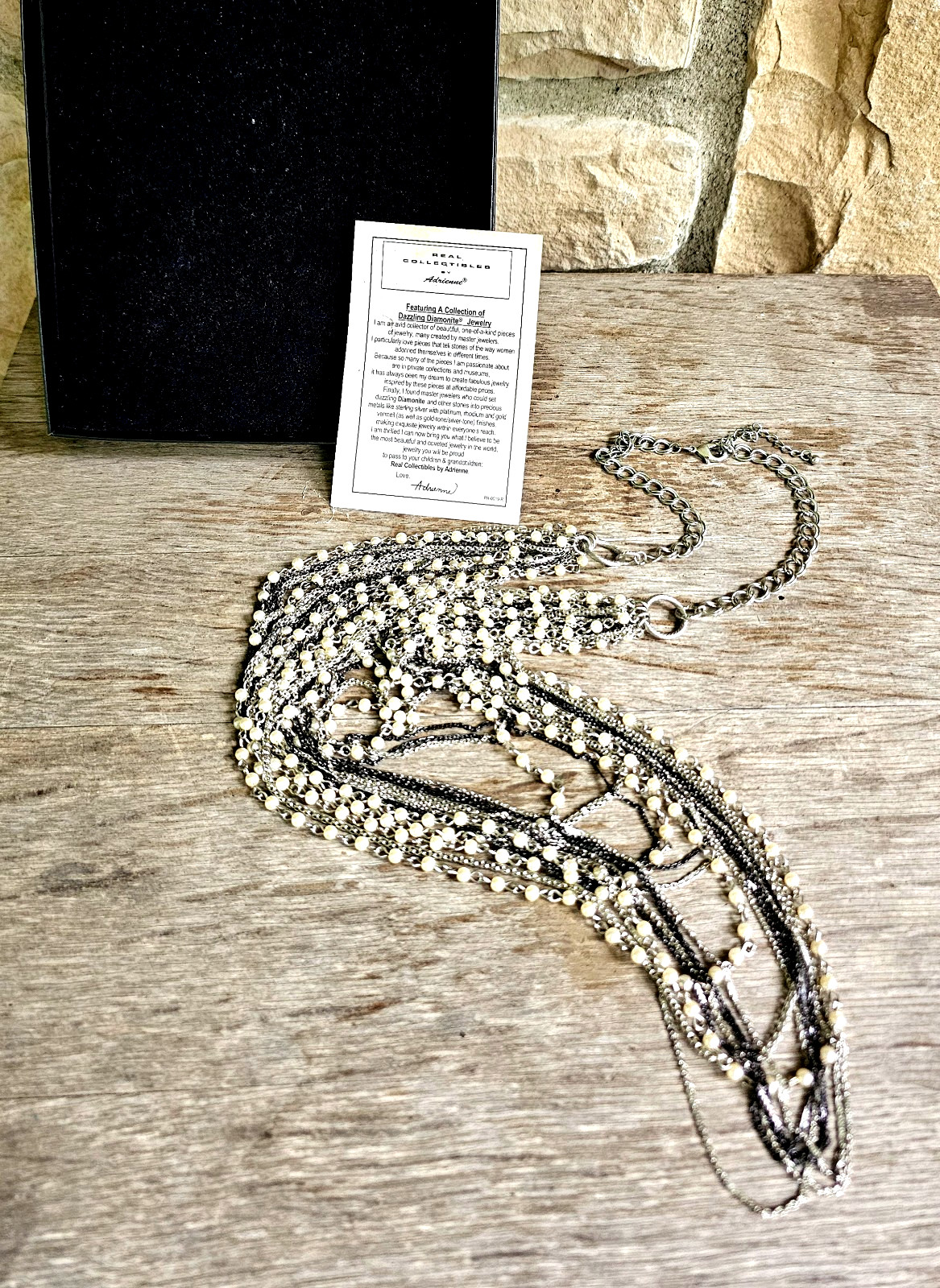 Adrienne 24 Multi Strand Necklace Faux Seed Pearl Silver Black Designer Jewelry