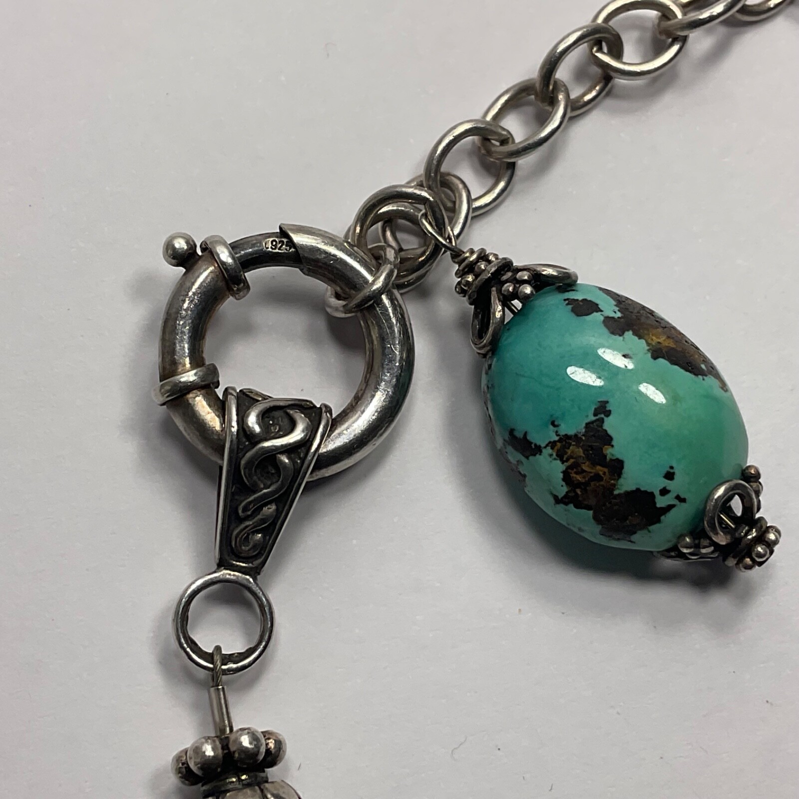Vtg Genuine Turquoise Black Glass Beaded & Drop Pendant Necklace Earring Set 925